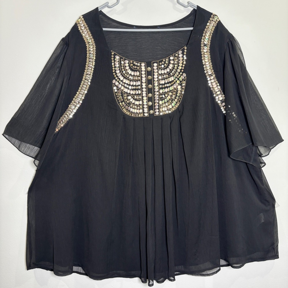 Sequin Embellished Blouse Women 30W Black Iridescent Chiffon Top